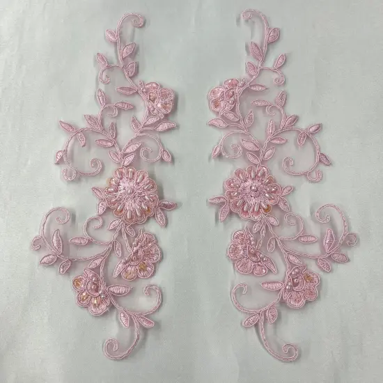 1 Pair Beaded & Corded Floral Lace Applique Embroidered on 100% Polyester 9.5" x 2" Each Side White {2}