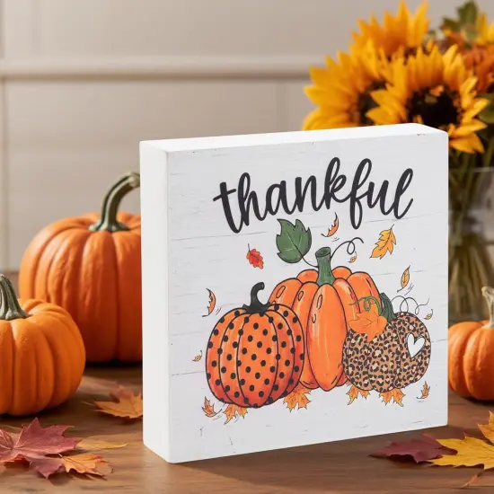 Fall Decorations for Home Office, Rustic Thankful Pumpkin Wood6 x 6 Inches {3}