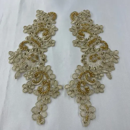 1 Pair 9" x 3" Each Side Beaded & Corded Floral Lace Applique Organza Peach Color {6}