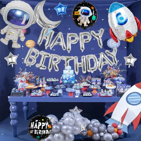 Silver Happy Birthday Space Balloons Banner - Rocket, Astronaut, Moon & Star {3}