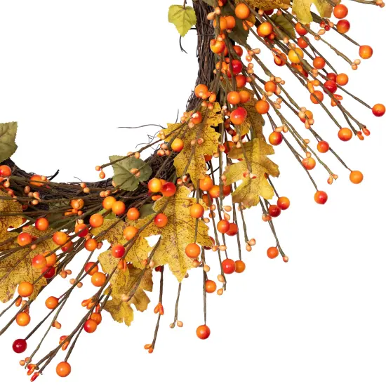 Northlight Berries and Maple Leaves Fall Harvest Artificial Twig Wreath - 22" Yellow {5}