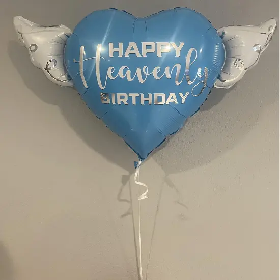 Blue Happy Heavenly Birthday Heart Balloon with Angel Wings {3}
