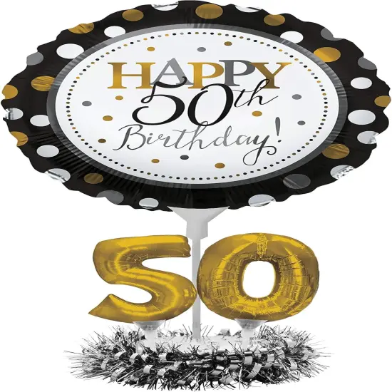 Happy 50th Birthday Balloon Centerpiece Black and Gold - 18" {1}