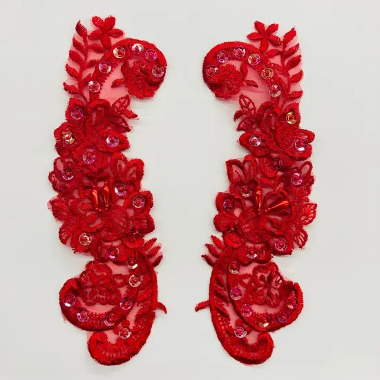 1 Pair Beaded Lace Applique Embroidered on 100% Polyester Organza 9" x 3" Each Side Red {1}