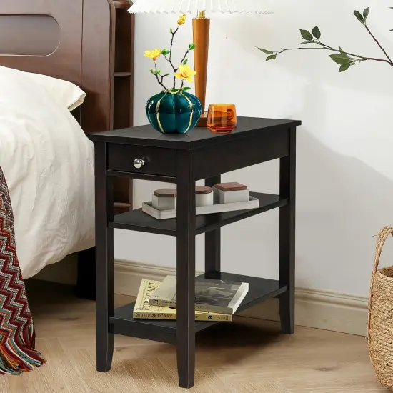 Costway 3-Tier Side End Table with Drawer Double Shelf Narrow Nightstand Espresso\Black {2}