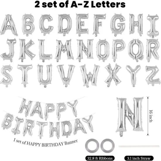 65 Pcs Silver Happy Birthday Balloons and 2 Sets A-Z Letters Foil Balloons (Silver) {2}
