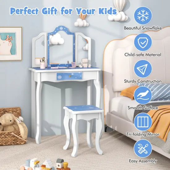 Costway Kids Vanity Table & Stool Set with Cute Polka Dot Print Tri-folding Mirror Drawer Pink&White/Light Pink&White/Pink&Black/Blue/Pink {6}