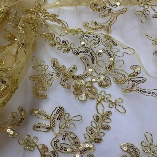 1 Yard Gold Corded Sequin Lace Mesh Fabric with Scalloped Edge 54&rdquo; Wide {1}