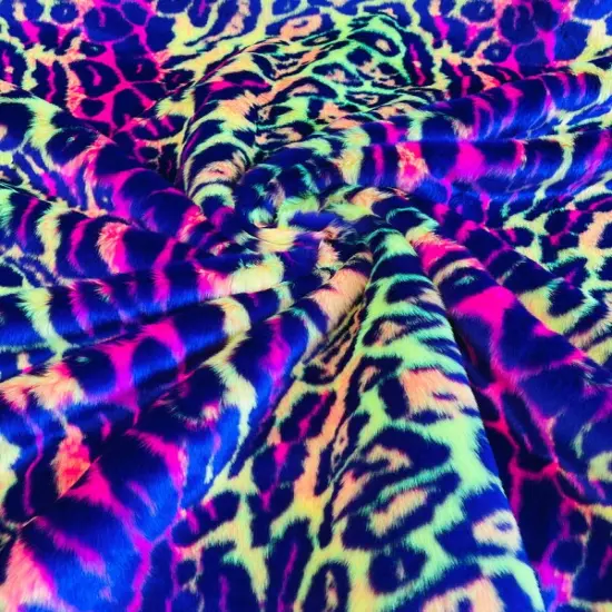 1 Yard Leopard Tie Dyed Faux Fur Fabric Black Light Reflective for Costumes and Decor Purple/Orange/Pink {1}