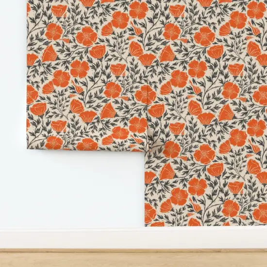 Peel & Stick Wallpaper 2FT Wide Orange Floral Block Print Summer Poppies Retro Linocut Bold Black Botanical Modern Flowers Custom Removable Wallpaper by Spoonflower {2}