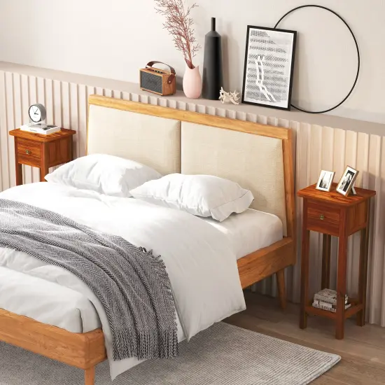 Costway 2PCS Solid Wood Side Table with Acacia Wood Top Drawer & Open Shelf Small Nightstand {2}