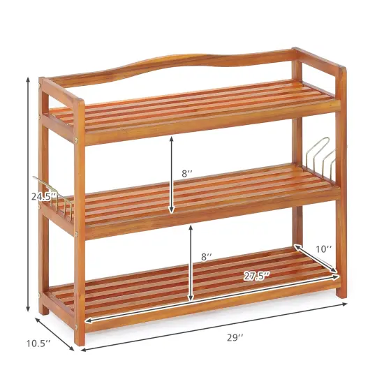 Costway 3-TierWood Shoe Rack Solid Acacia Wood Shoe Shelf with Side Metal Hooks {4}