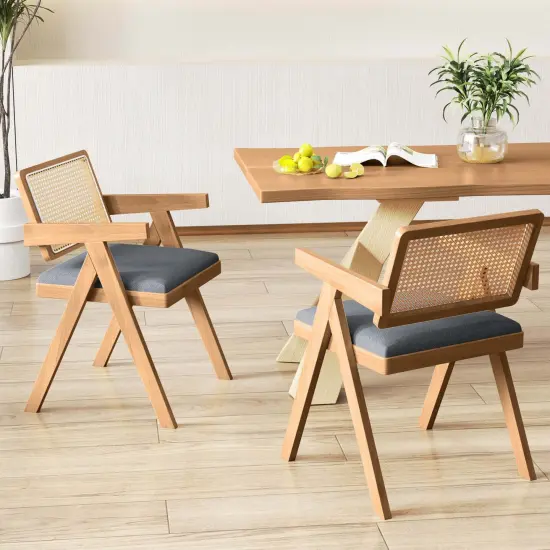 Costway Set of 2/4 Rattan Accent Chairs Fabric Dining Chairs Modern Living Room Chairs Gray {5}