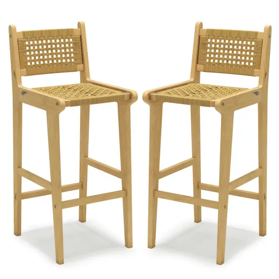 Costway 1/2/4 PCS Patio Teak Wood Bar Stool Outdoor Bar Height Chair with Rattan Backrest & Seat {8}