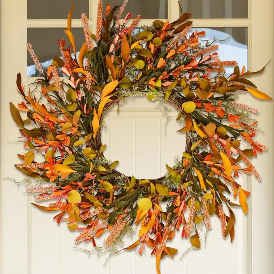 24" Orange Flower Fall Wreath with Colorful Mixed Leaves {1}