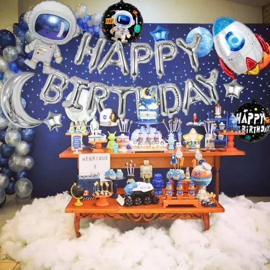 Silver Happy Birthday Space Balloons Banner - Rocket, Astronaut, Moon & Star {5}