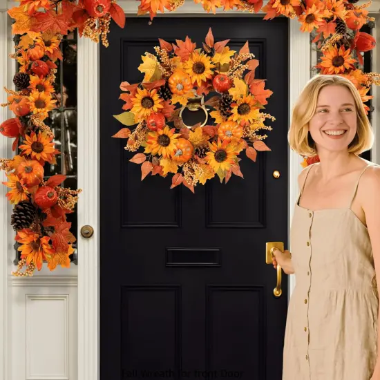 Sunflowers Pumpkins Pinecones and Berries Fall Wreath {3}
