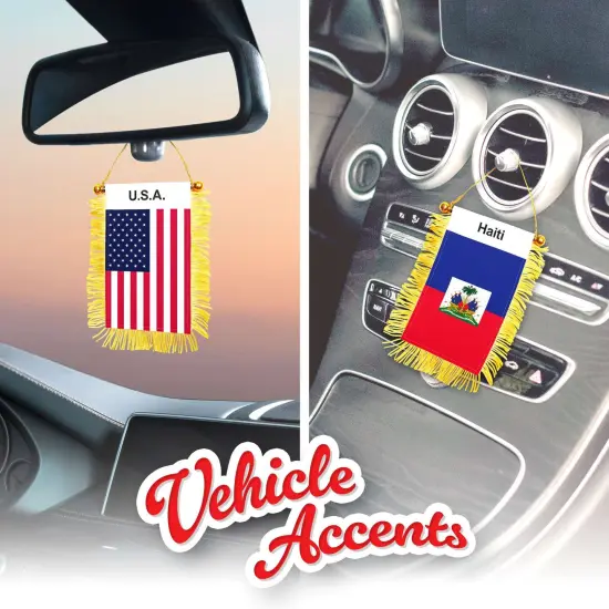 G128 Combo Pack: American USA & Haiti Haitian Fringy Flag Double Sided 3x5 In | Both Fringy Hanging Flag with Suction Cup {5}