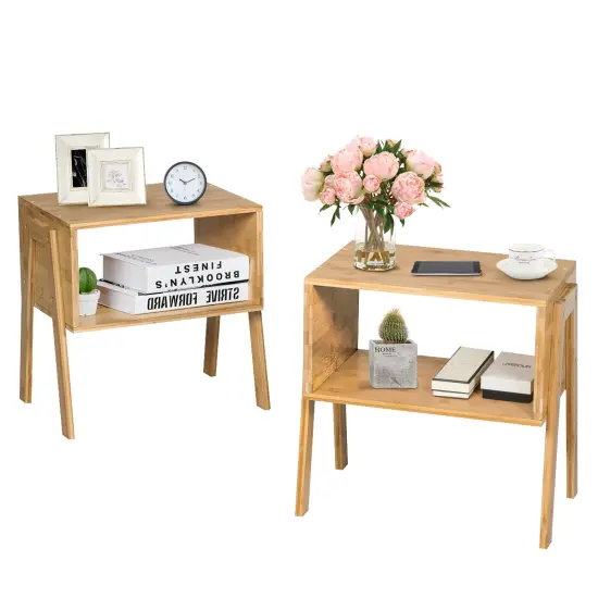 Costway Set of 2 Bamboo Nightstand Stackable Sofa Table Bedside Table with Storage Shelf {1}