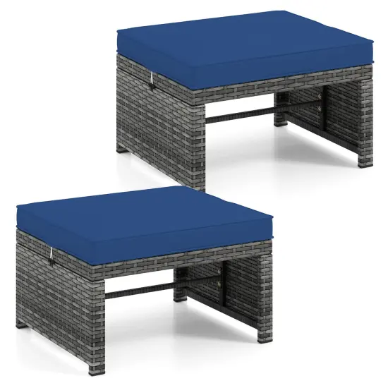 Costway Patio Ottomans Set of 2 PE Rattan Footstools with Removable Cushions & Metal Frame Red/Gray/Black/White/Turquoise/Navy {8}