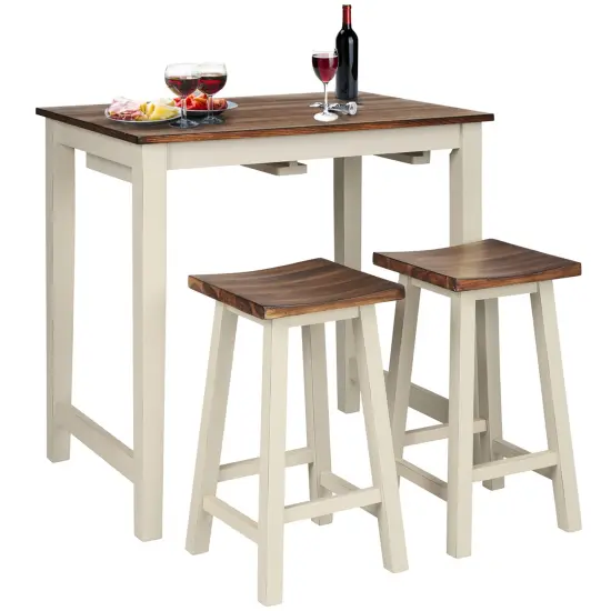 Costway 3-Piece Bar Table Set Counter Pub Table& 2 Saddle Bar Stools w/ Hanging Design {1}