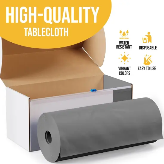 Exquisite Party Solids 54" x 100' Plastic Table Cover Roll with Slide Cutter &ndash; Cut-to-Size Dispenser Box &ndash; Makes Up to 36 Disposable 8' Rectangle Tablecloths Silver {4}