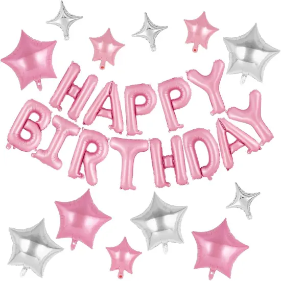 Pink Happy Birthday Balloons Banner - 12 Pcs {1}