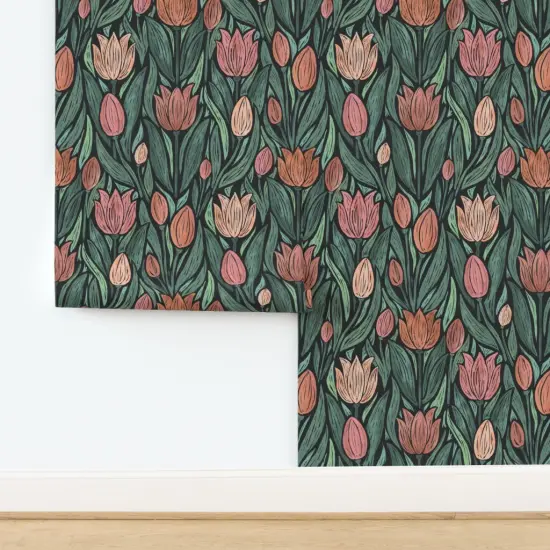 Pre-Pasted Wallpaper 2FT Wide Block Print Tulips Moody Botanical Farmhouse Flowers Cottagecore Floral Black Green Pink Custom Pre-pasted Wallpaper by Spoonflower {2}
