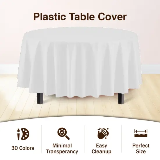 Exquisite Disposable Round Plastic Tablecloths &ndash; 6 Pack 84" Disposable Table Cloths &ndash; Indoor/Outdoor Party Tablecloth &ndash; Round Plastic Table Cover for Events & Party Supplies White {4}