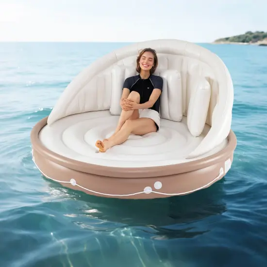 Costway Floating Island Inflatable Swimming Pool Float Lounge Raft with Canopy SPF50+ Retractable Detachable Sunshade with Two Cup Holders White {10}