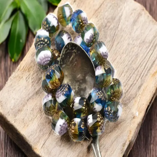 *12* 10mm Gold Washed Blended Pacific Blue, White & Topaz Fire Polished Cathedral Beads {4}