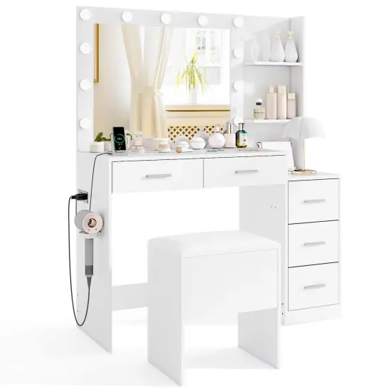 Costway 43.5" Makeup Table Set Vanity Desk with Storage Stool Power Outlets 2 Open Shelves {1}