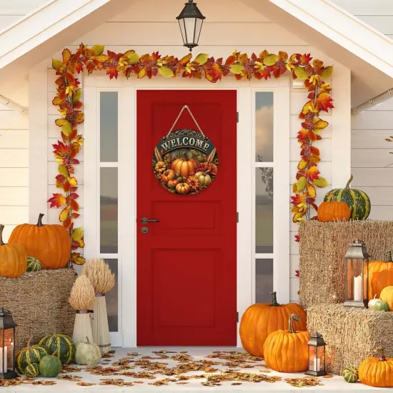 Autumn Pumpkins Farmhouse Welcome Wreath Sign {4}