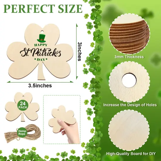 Wooden Shamrock Ornaments to Paint St. Patrick's Day Decoration Cutouts Unfinished 24PCS 3.5 x 3 inches, DIY Blank Unfinished Wood Discs Ornament for Home Farmhouse Crafts Hanging Spring Decorations {2}