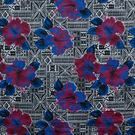 1 Yard Hibiscus Print on Traditional Tapa Fabric 100% Polyester, 60 Inches Width Light Blue {5}