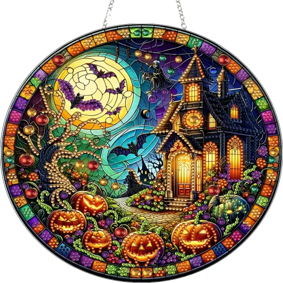 DIY Halloween Diamond Art Painting Wreath Kits，Special Shaped Rhinestone(Haunted House) {1}