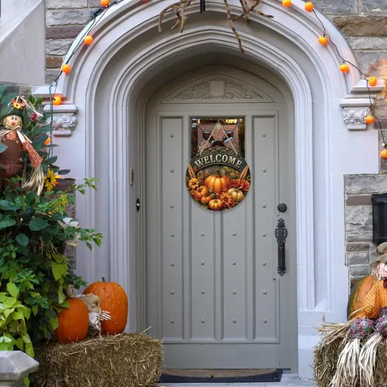 Autumn Pumpkins Farmhouse Welcome Wreath Sign {2}