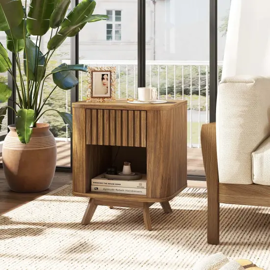 Costway 1/2 PCS Wood Nightstand with Drawer & Open Shelf Storage Home Bedside Table for Bedroom {5}