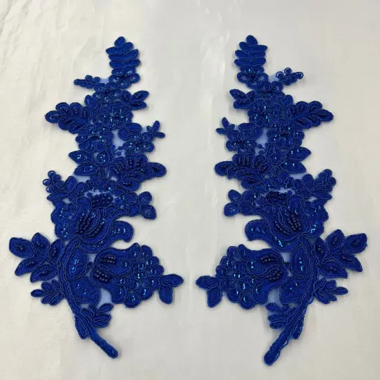 1 Pair Beaded & Corded Floral Lace Applique 100% Polyester Net Mesh 12" X 3.5" Each Side Royal Color {1}