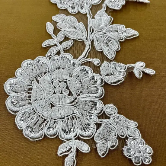 1 Pair Beaded & Corded Floral Lace 100% Polyester Net Mesh 13" x 3.5" Each Side IVORY {4}