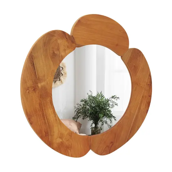 Costway Irregular Wall Mirror 29 Inch Rustic Hanging Vanity Mirror with Teak Wood Frame {1}
