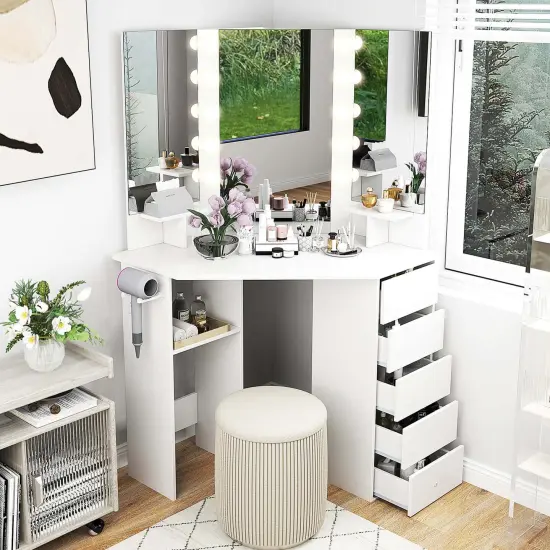 Costway Corner Vanity Desk Cosmetic Vanity Station with LED Mirror,& Power Outlets Black/White {4}