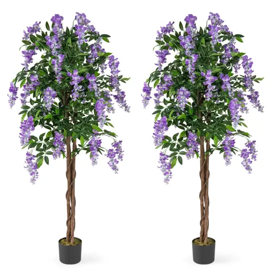 Costway 1/2 PCS 5.5 FT Tall Artificial Ficus Tree Faux Wisteria Plant in Nursery Pot Decoration Pink/Purple {10}