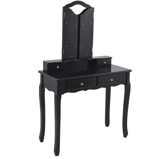 Costway Makeup Table Stool Set Tri Folding Mirror Vanity White\Black {6}