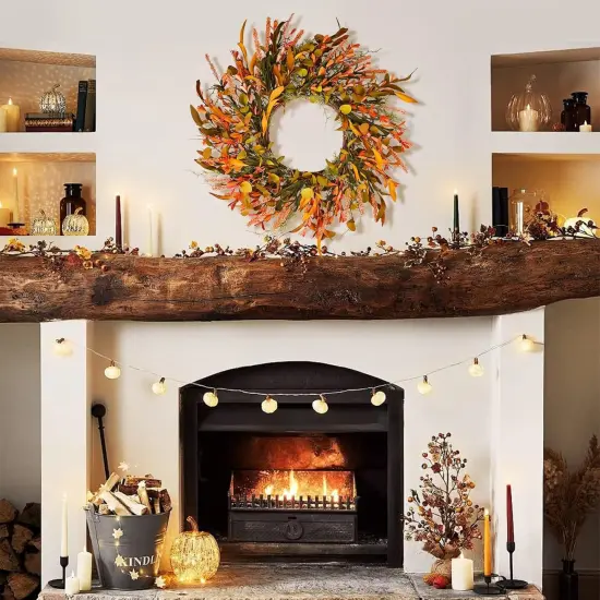 24" Orange Flower Fall Wreath with Colorful Mixed Leaves {5}