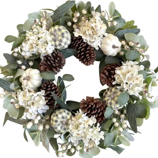 Fall Wreath with Hydrangeas, Pumpkins & Eucalyptus {1}