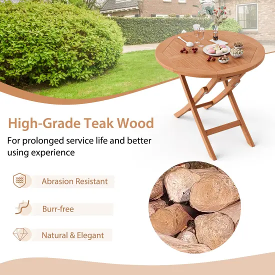 Costway 31.5'' Patio Round Folding Dining Table Solid Indonesia Teak Wood Natural Outdoor Portable {5}