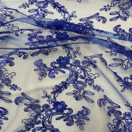1 Yard Royal Blue Sequin Lace Fabric, Corded Mesh Embroidered with Double Scalloped Edge 54&Prime; Wide {5}