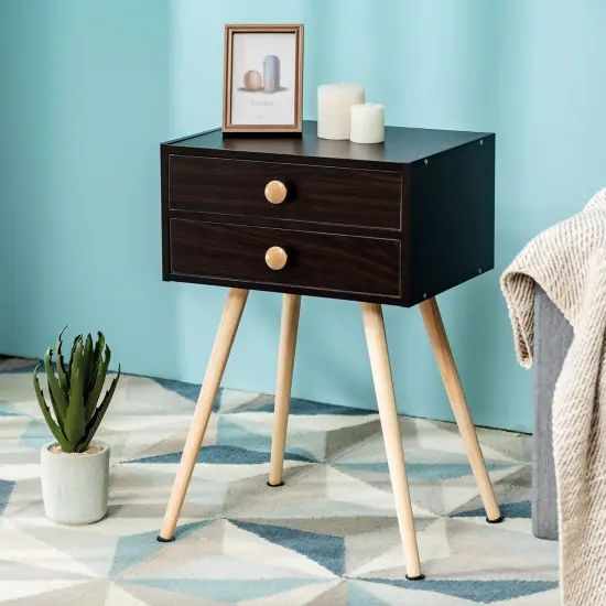 Costway Mid Century Modern 2 Drawers Nightstand Sofa Side Table End Table Espresso {3}