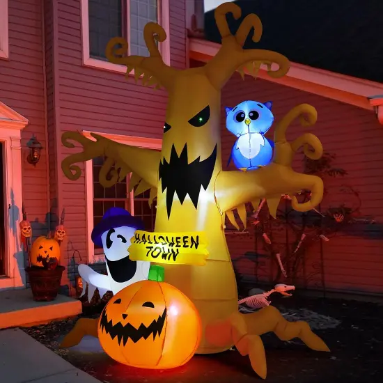 GOOSH 8 FT Halloween Inflatables Dead Tree with Owl Ghosts and Pumpkins with Built-in LED Lights {3}